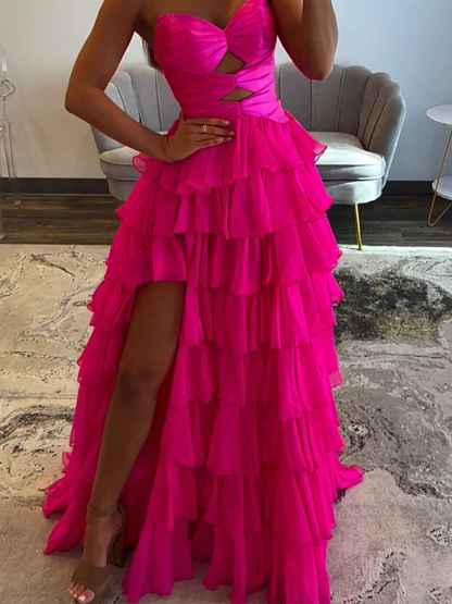 Hot Pink Strapless Cutout Tiered Ruffle Long Prom Dress with Slit