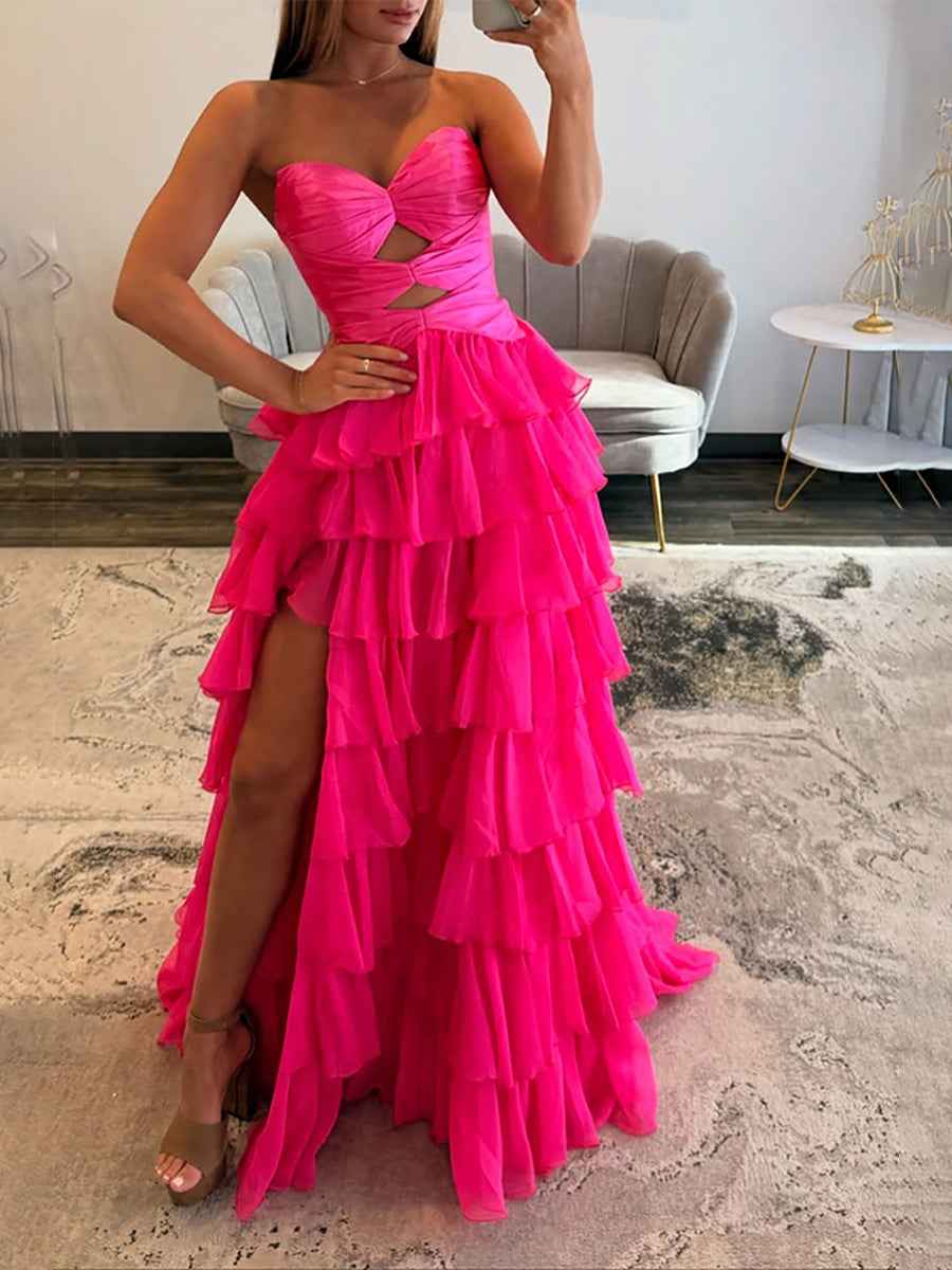 Hot Pink Strapless Cutout Tiered Ruffle Long Prom Dress with Slit