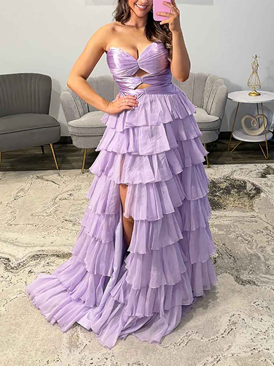 Hot Pink Strapless Cutout Tiered Ruffle Long Prom Dress with Slit