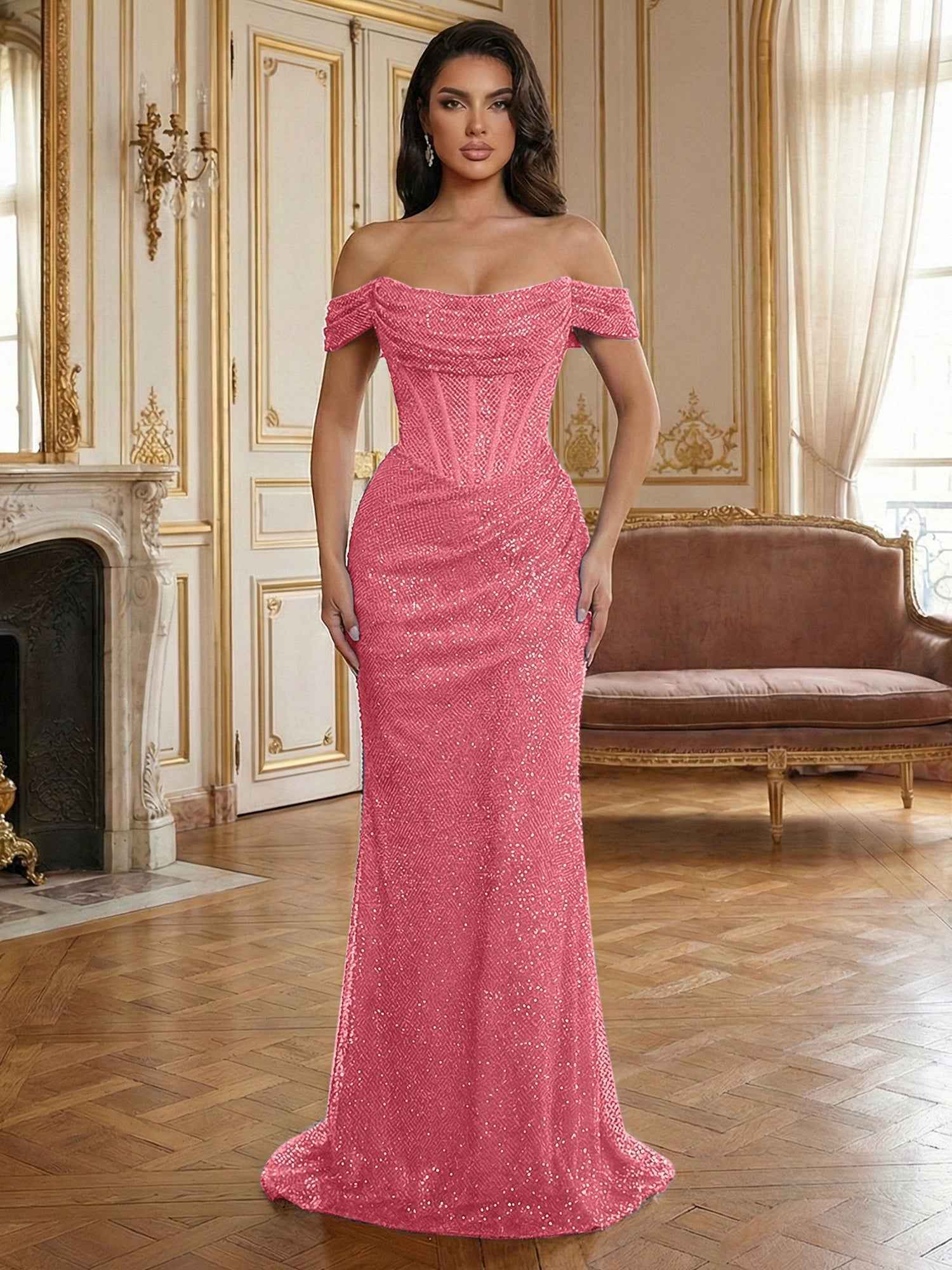 Red Off-The-Shoulder Sequined Corset Mermaid Long Prom Dress