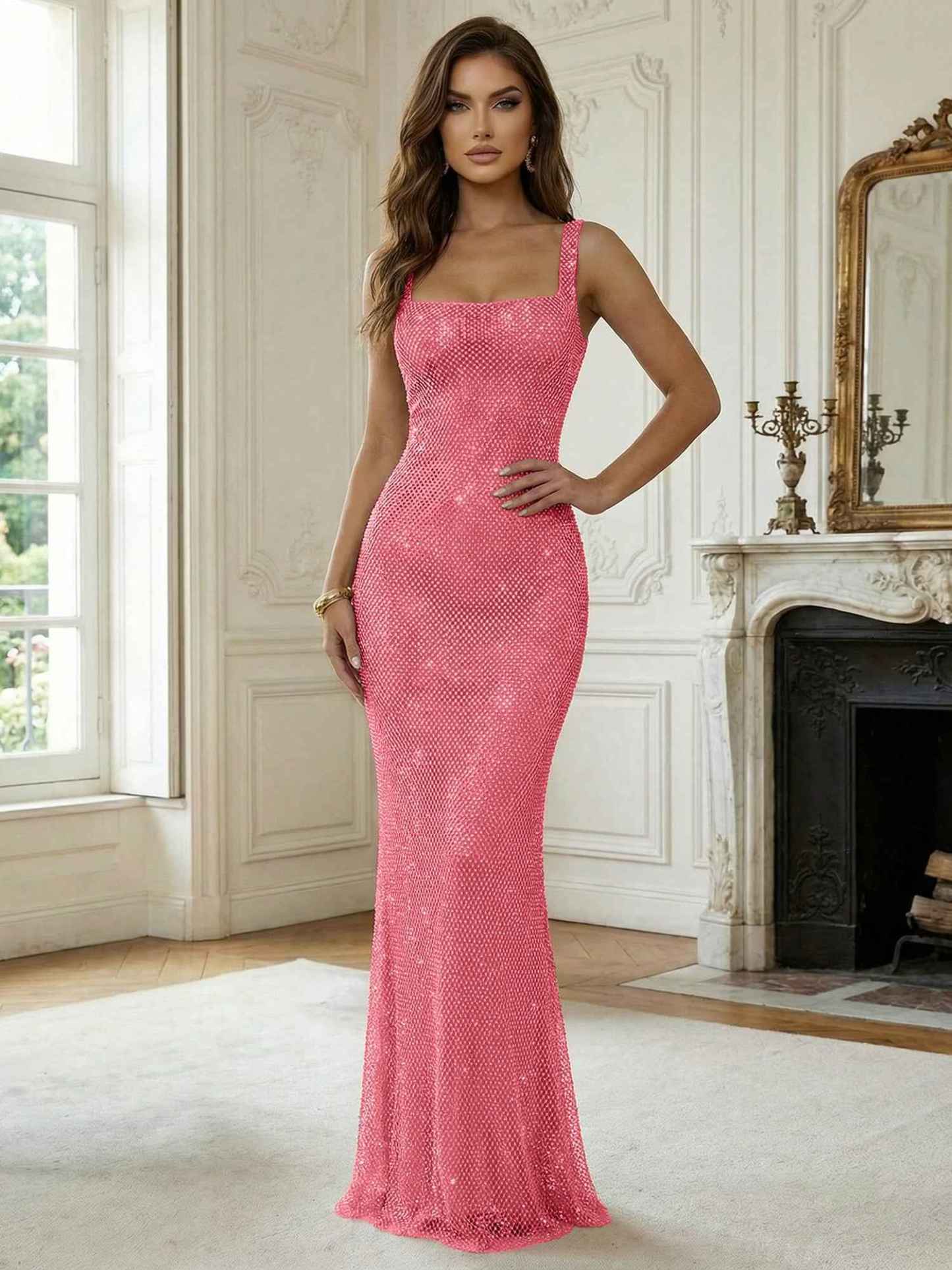 Crystal-Embellished Mermaid Long Prom Dress with Square Neckline