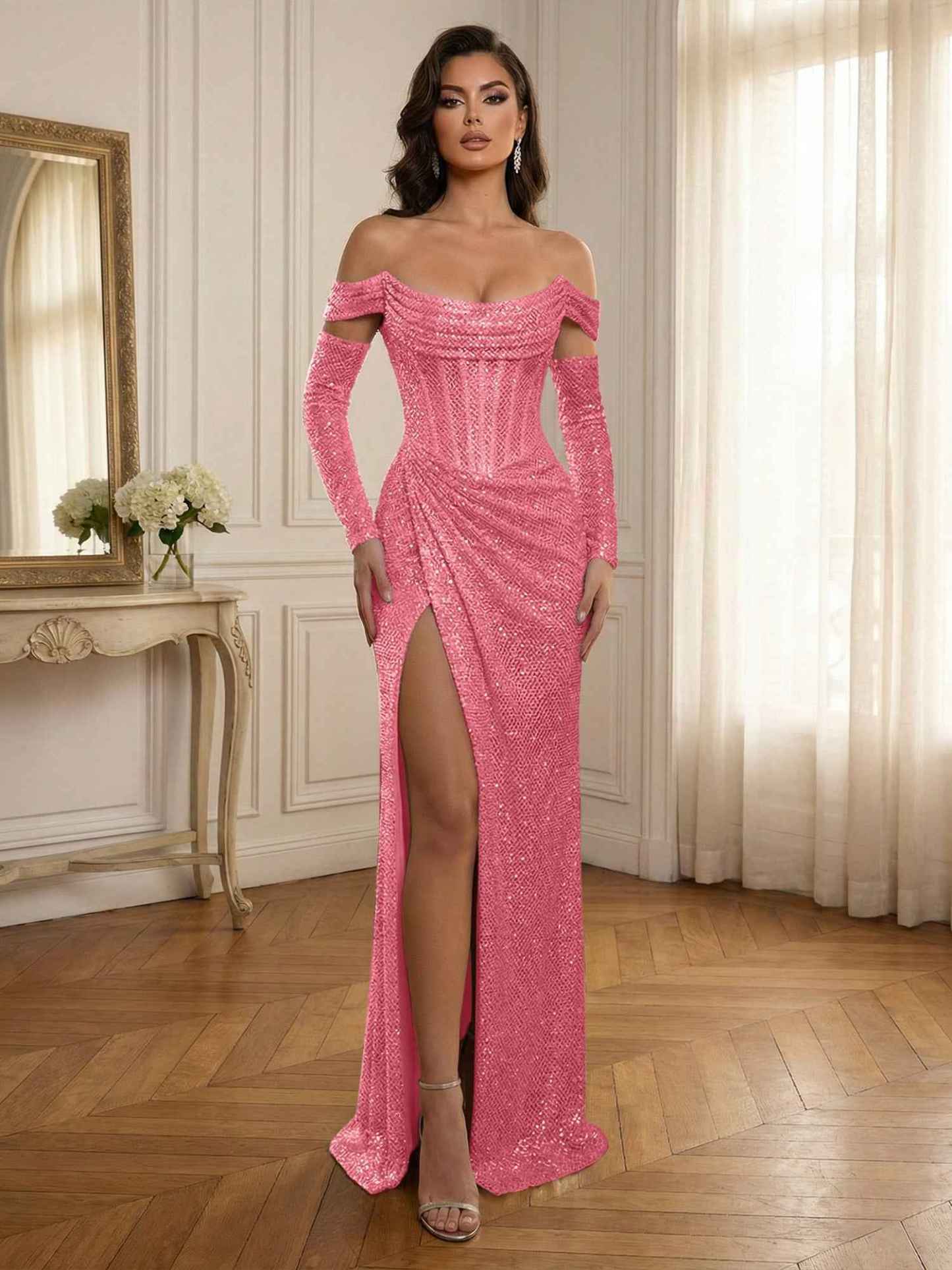 Silver Sequin Off-the-Shoulder Long Sleeves Corset Prom Dress with Slit