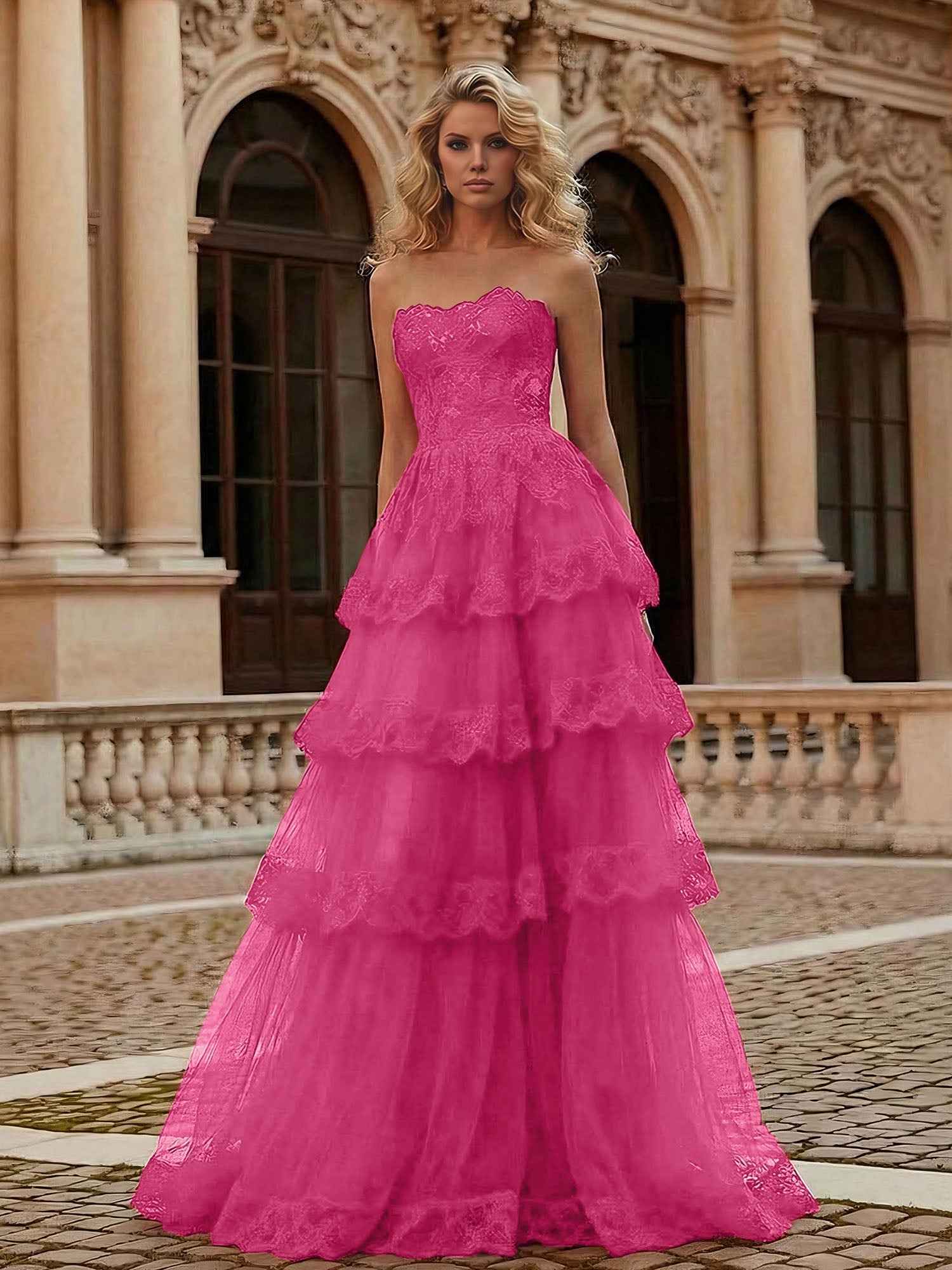 Red Tiered Tulle Strapless Lace Bodice A-Line Long Prom Dress