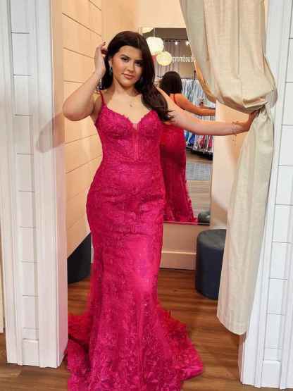 Hot Pink Floral Lace Applique| Mermaid Long Prom Dress