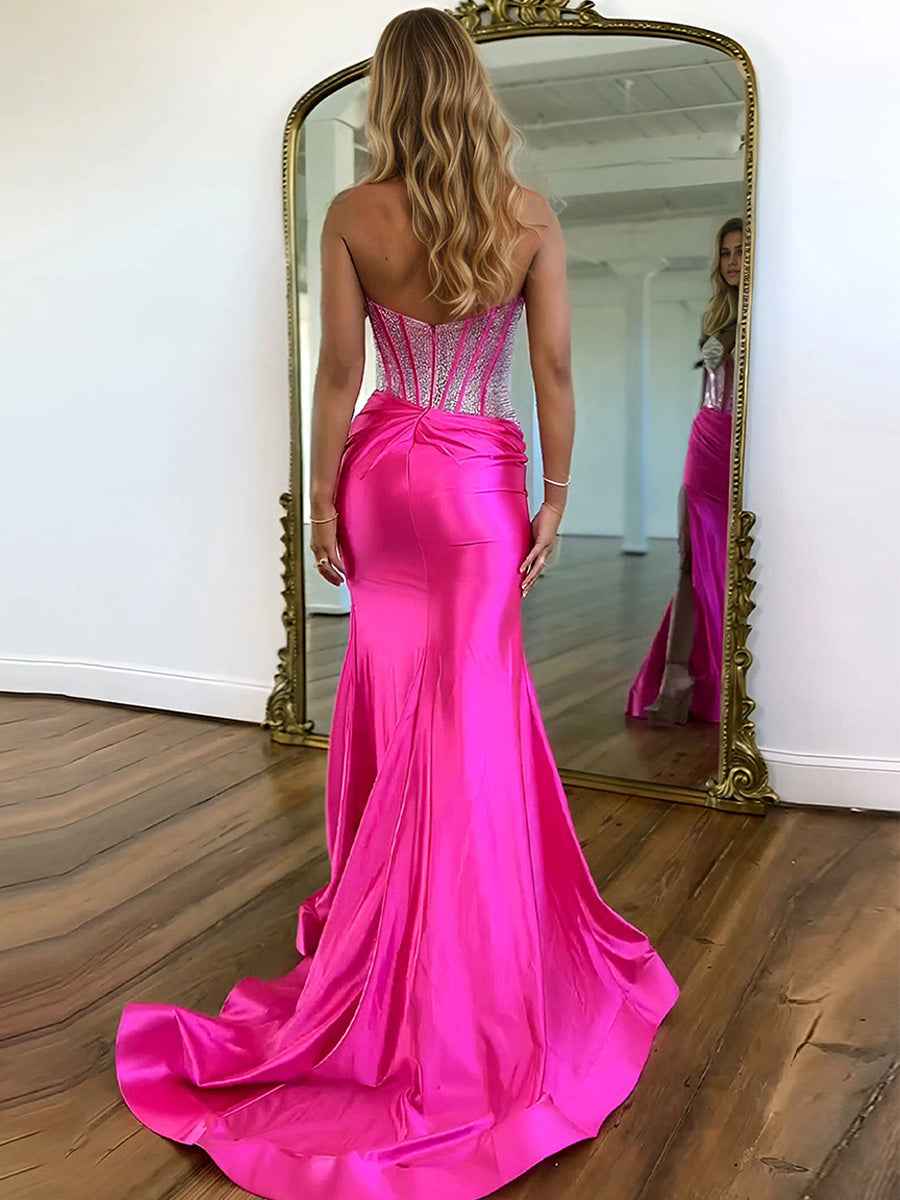 Mermaid Beaded Top Long Satin Prom Dress with Slit