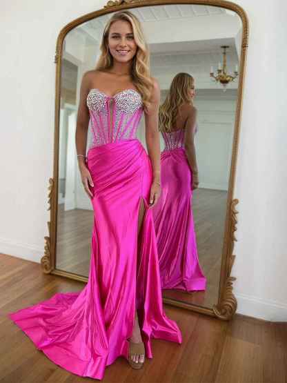 Mermaid Beaded Top Long Satin Prom Dress with Slit