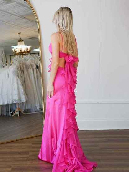 Hot Pink Mermaid Spaghetti Straps Waist Hollow Long Prom Dress with Slit