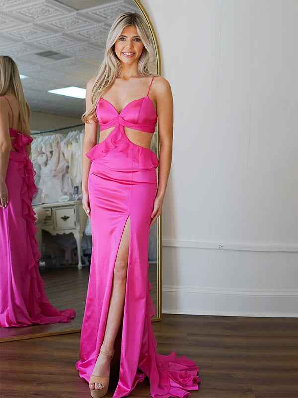 Hot Pink Mermaid Spaghetti Straps Waist Hollow Long Prom Dress with Slit