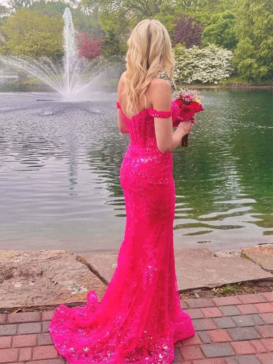Hot Pink Off The Shoulder Sequin Embroidered Mermaid Prom Dress