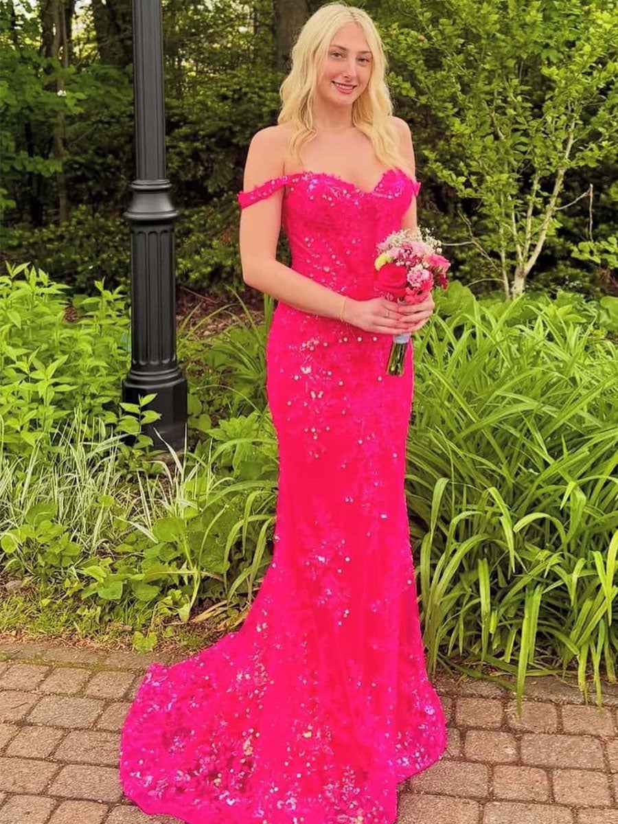 Hot Pink Off The Shoulder Sequin Embroidered Mermaid Prom Dress