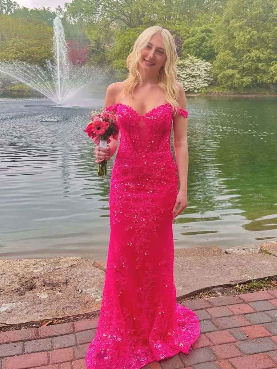 Hot Pink Off The Shoulder Sequin Embroidered Mermaid Prom Dress