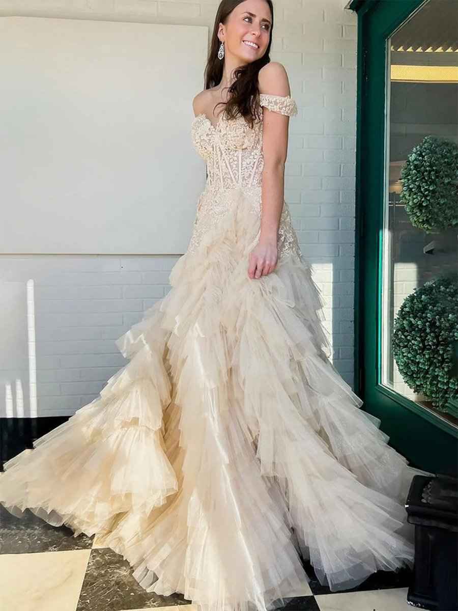 Hot Pink Off the Shoulder Tulle Long Prom Dress with Appliques