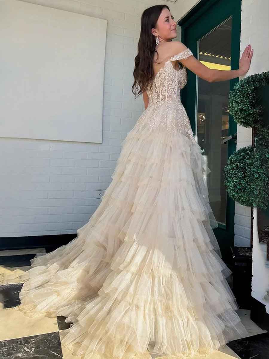 Hot Pink Off the Shoulder Tulle Long Prom Dress with Appliques