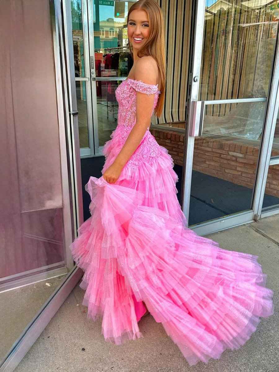 Hot Pink Off the Shoulder Tulle Long Prom Dress with Appliques