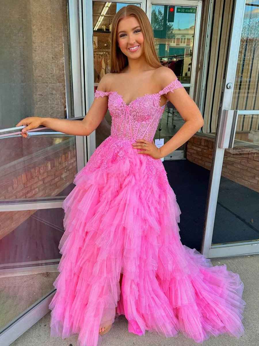 Hot Pink Off the Shoulder Tulle Long Prom Dress with Appliques