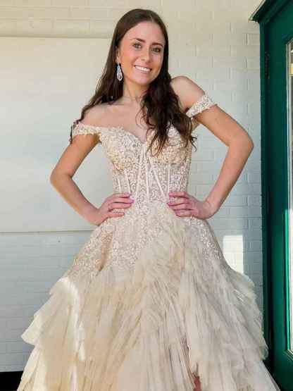 Hot Pink Off the Shoulder Tulle Long Prom Dress with Appliques
