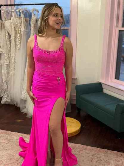 Hot Pink Satin Beaded Scoop Neck Bodice Prom Dress with Ruched Slit