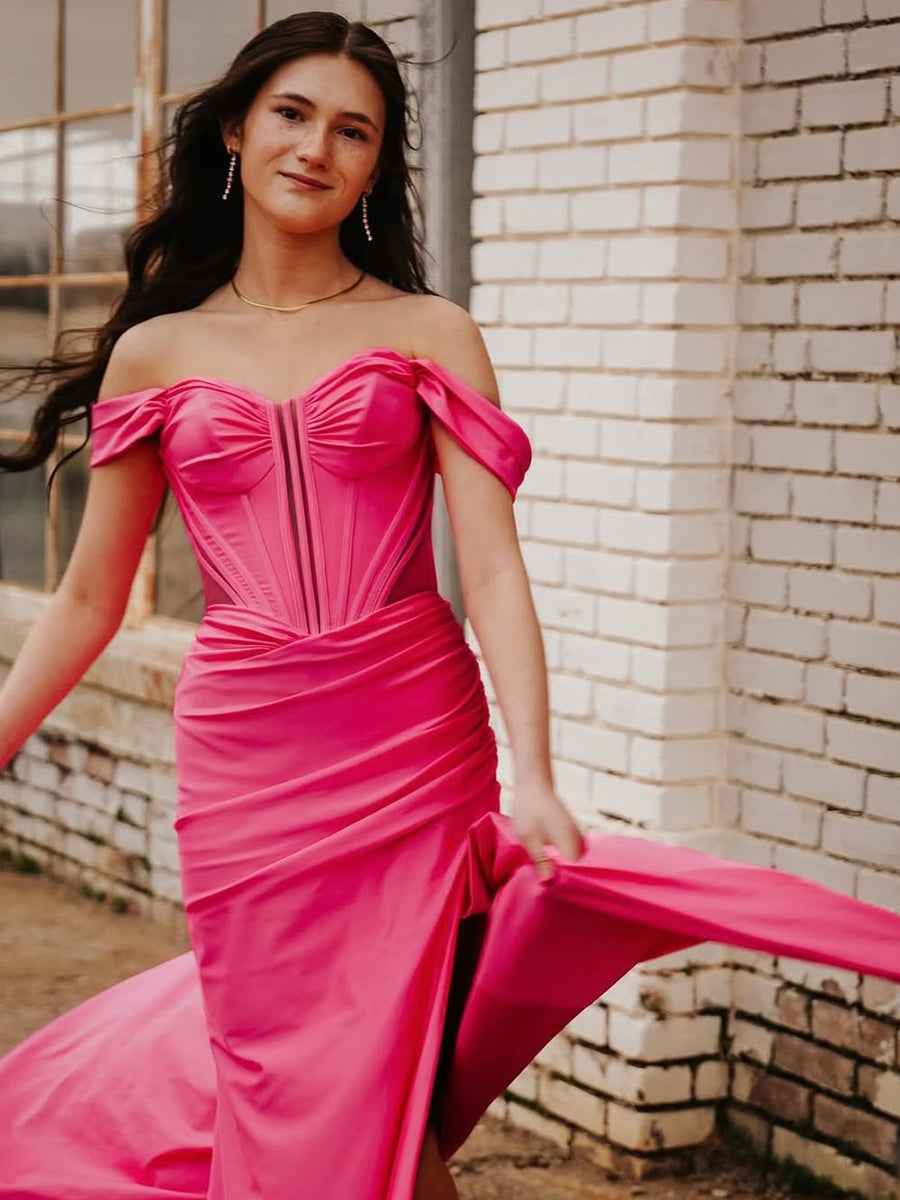 Hot Pink Satin Off-the-Shoulder Corset Prom Dress with High Slit