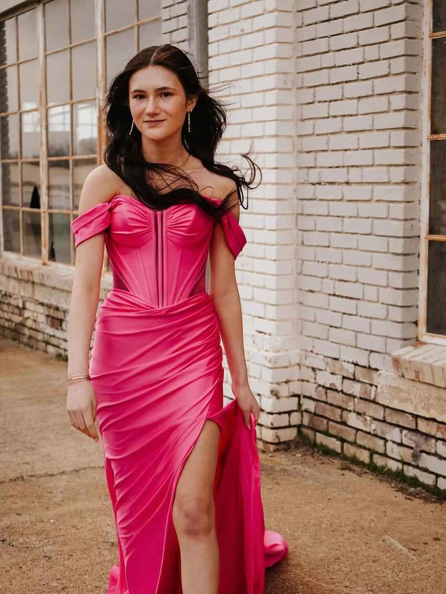 Hot Pink Satin Off-the-Shoulder Corset Prom Dress with High Slit
