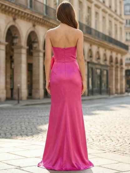 Hot Pink Satin Strapless Long Prom Dress with 3D Rose Accent
