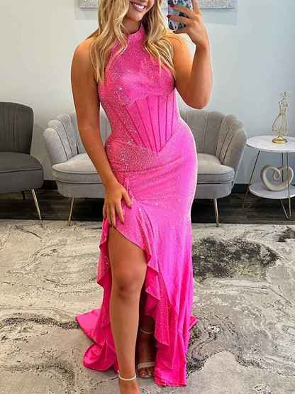 Hot Pink Sparkle Halter Corset Prom Dress with Ruffle Slit