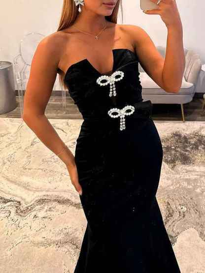 Hot Pink Strapless Bow Embellished Mermaid Prom Dress