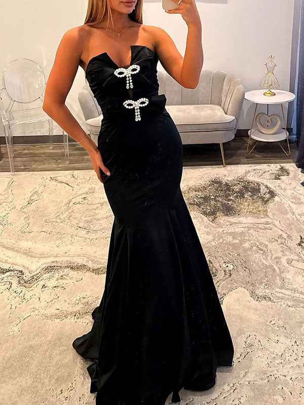 Hot Pink Strapless Bow Embellished Mermaid Prom Dress