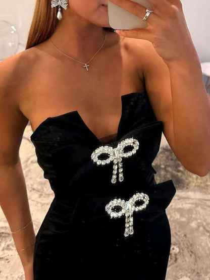 Hot Pink Strapless Bow Embellished Mermaid Prom Dress