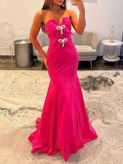 Hot Pink Strapless Bow Embellished Mermaid Prom Dress