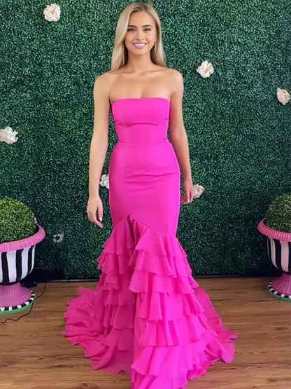 Hot Pink Strapless Cascading Tiered Ruff Mermaid Prom Dress