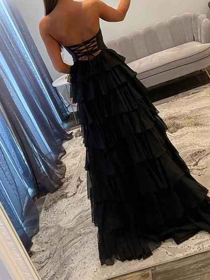 Hot Pink Strapless Cutout Tiered Ruffle Long Prom Dress with Slit