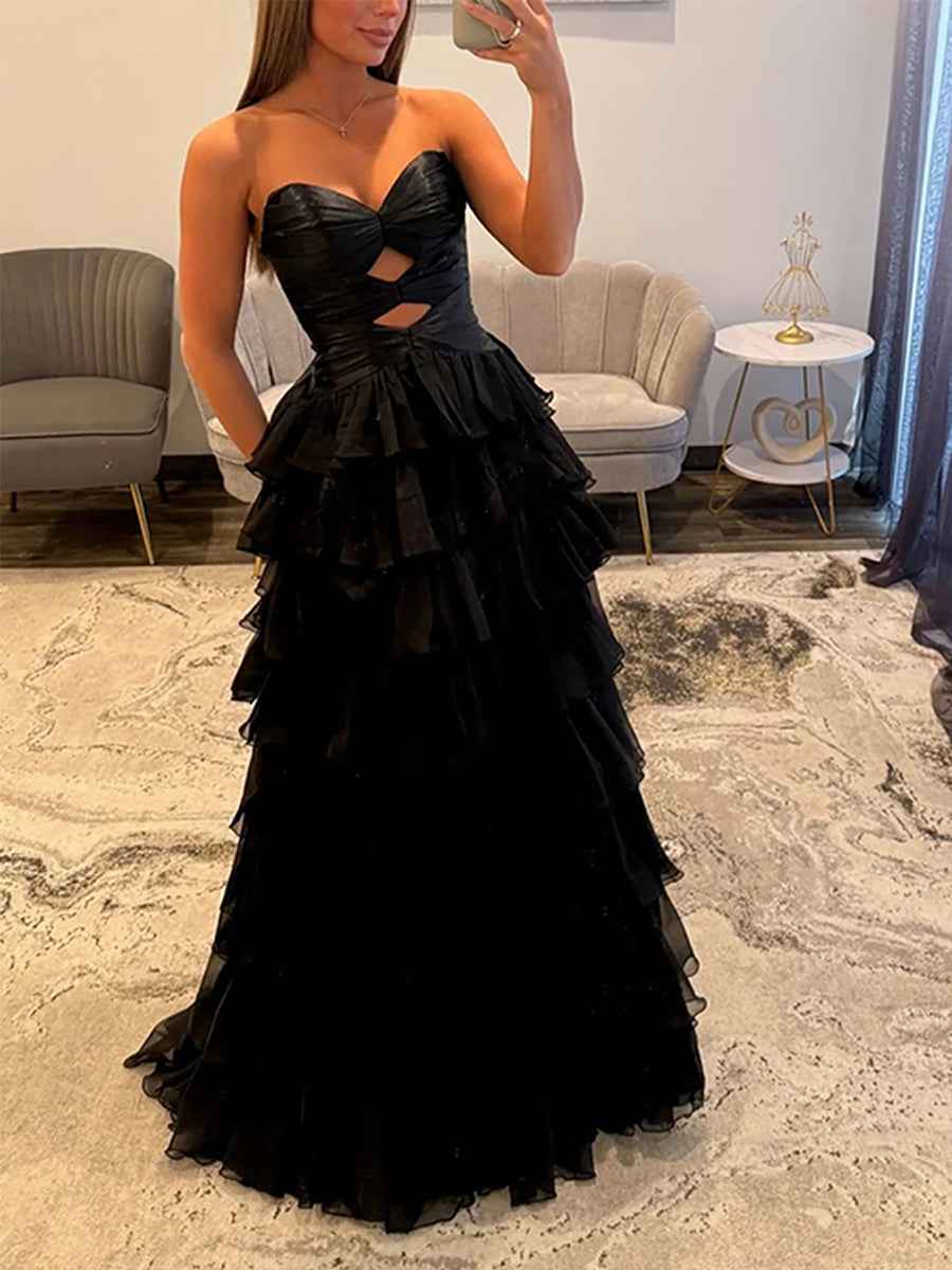 Hot Pink Strapless Cutout Tiered Ruffle Long Prom Dress with Slit