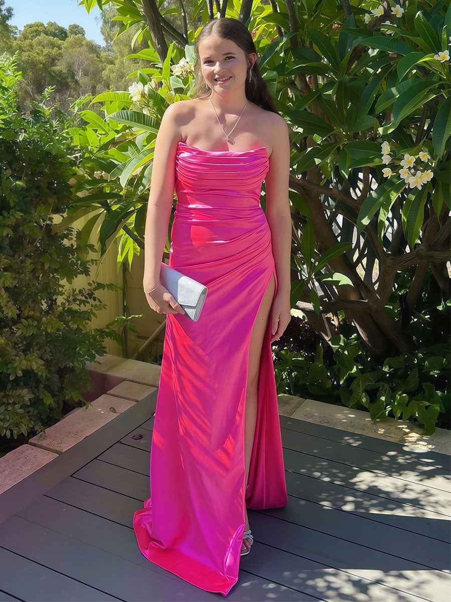 Hot Pink Strapless Ruched Bodice Satin Prom Dress with High Slit