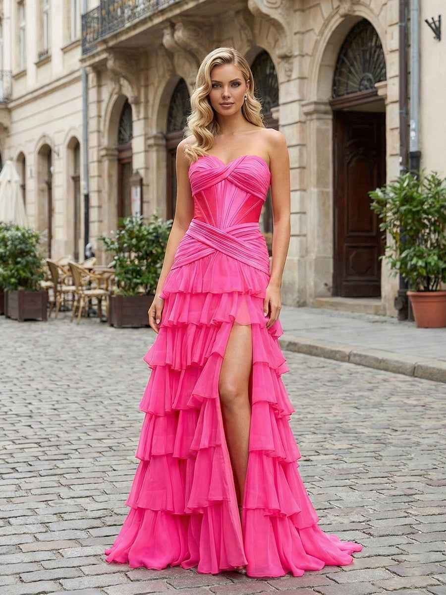 Hot Pink Strapless Ruffled Tiered Corset A-Line Prom Dress with Slit