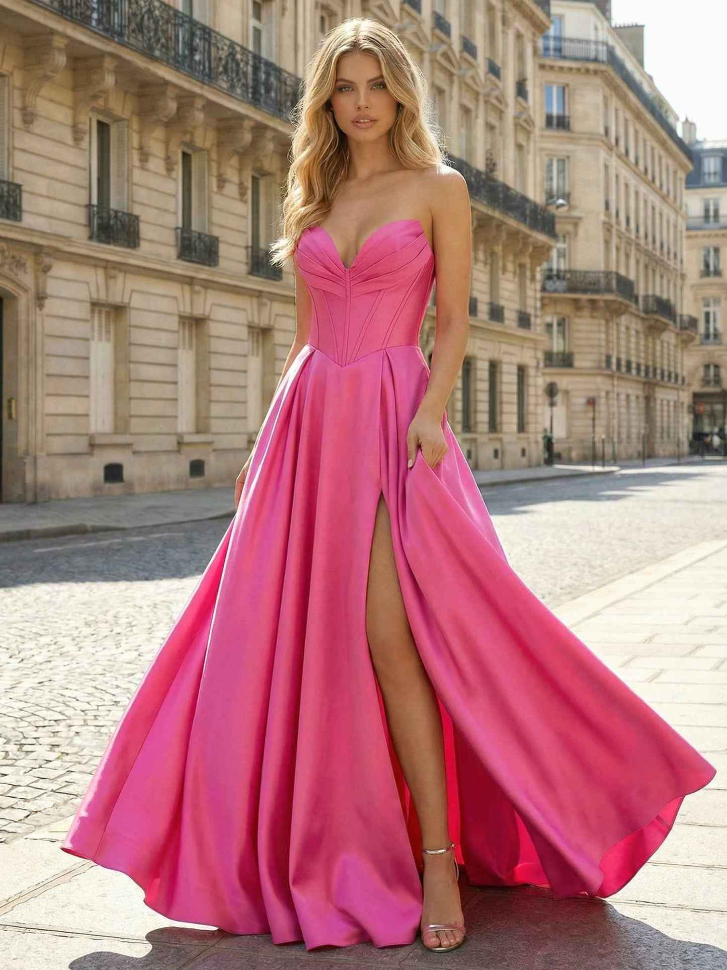 Hot Pink Strapless Satin Corset A-Line Prom Dress with Slit