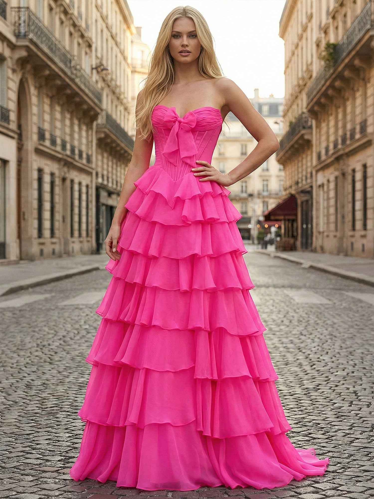 Hot Pink Strapless Tiered Ruffle Corset Prom Dress with Slit