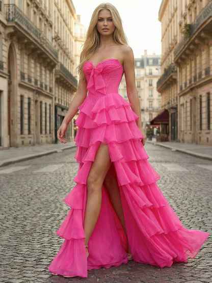 Hot Pink Strapless Tiered Ruffle Corset Prom Dress with Slit