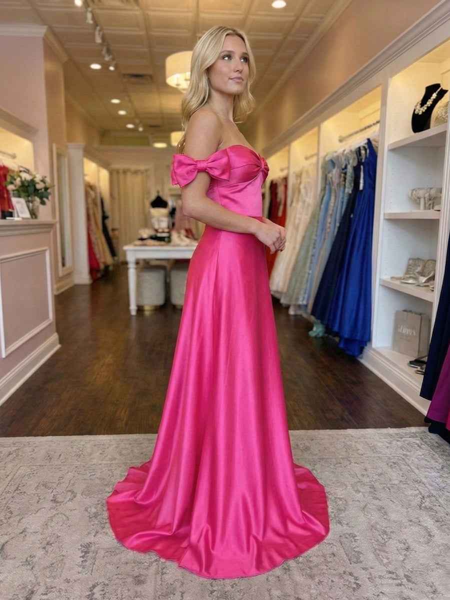 Hot Pink Sweetheart Neckline Satin Prom Dress with Statement Bow Sleeves