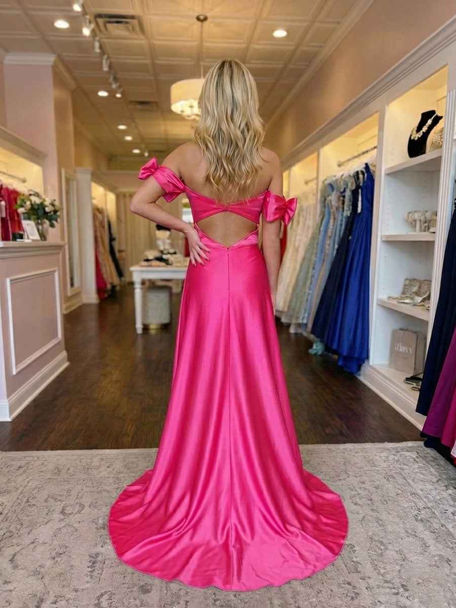 Hot Pink Sweetheart Neckline Satin Prom Dress with Statement Bow Sleeves