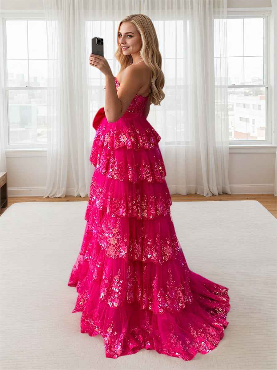 Hot Pink Tiered Sequin Ruffle Statement Bow Prom Dress with Slit