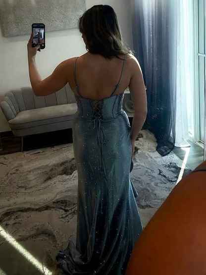 Icy Blue Cowl Neck Sequin Corset Prom Dress with Ruffled Slit