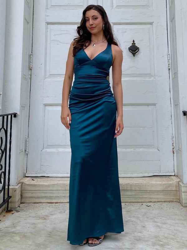 Ink Blue Mermaid V-Neck Criss-Cross Back Long Prom Dress