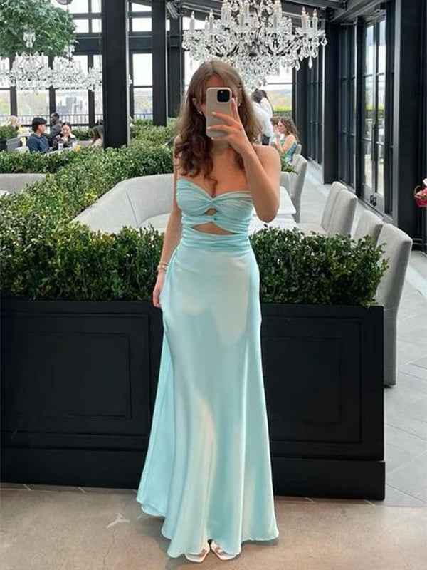 Yellow Strapless Knot Front Satin Fitted Long Prom Party Dress