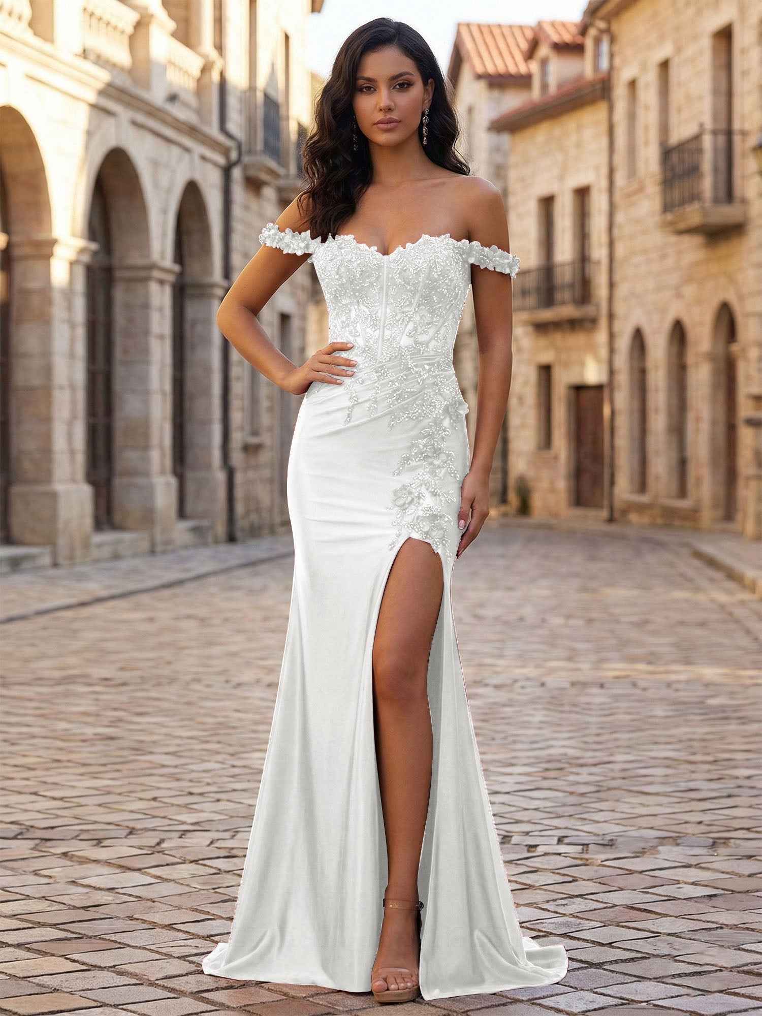 Mermaid Off-The-Shoulder Floral Corset Long Prom Dress with Slit