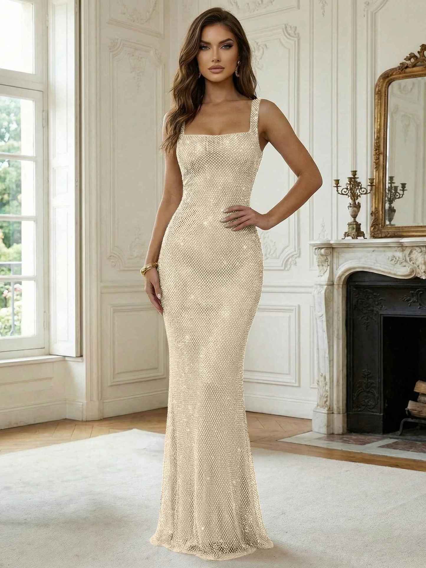 Crystal-Embellished Mermaid Long Prom Dress with Square Neckline