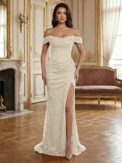 Sequin Off-the-Shoulder Corset Bodice Long Prom Dress with Slit