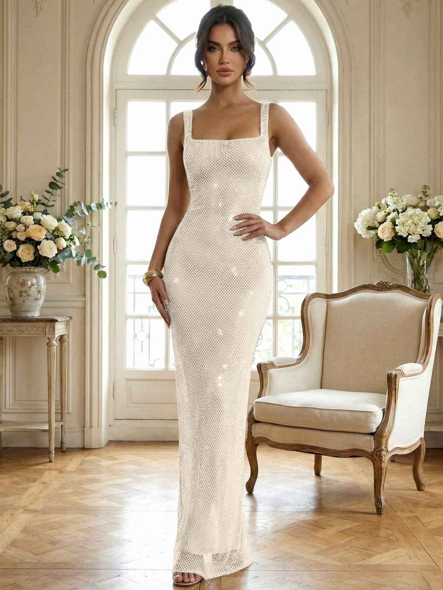 Sparkly Champagne Crystal Mesh Square Neck Long Prom Dress