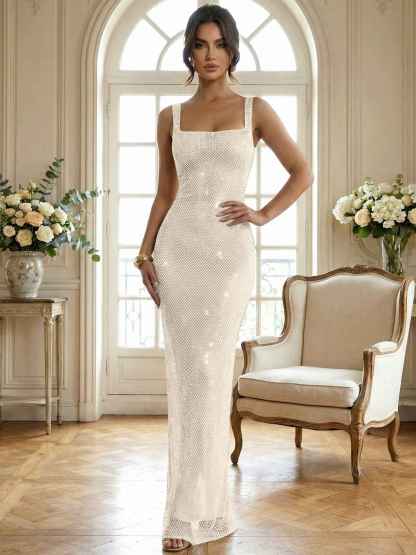 Sparkly Champagne Crystal Mesh Square Neck Long Prom Dress