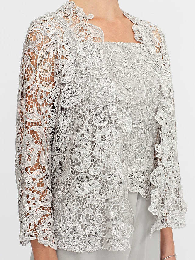 Floor-Length Square Neck Chiffon Mother of the Bride Pantsuit with Jacket & Side Split