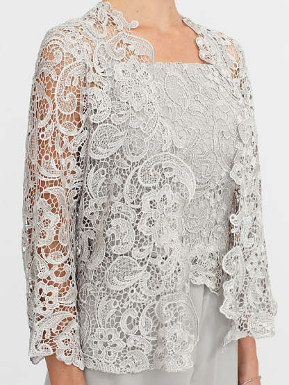 Floor-Length Square Neck Chiffon Mother of the Bride Pantsuit with Jacket & Side Split